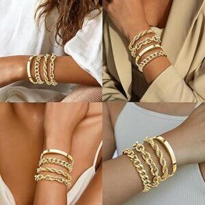 Chunky Bracelet Stack Non Tarnish 14k Gold Plated Set of 4 Classy Trendy Cuban